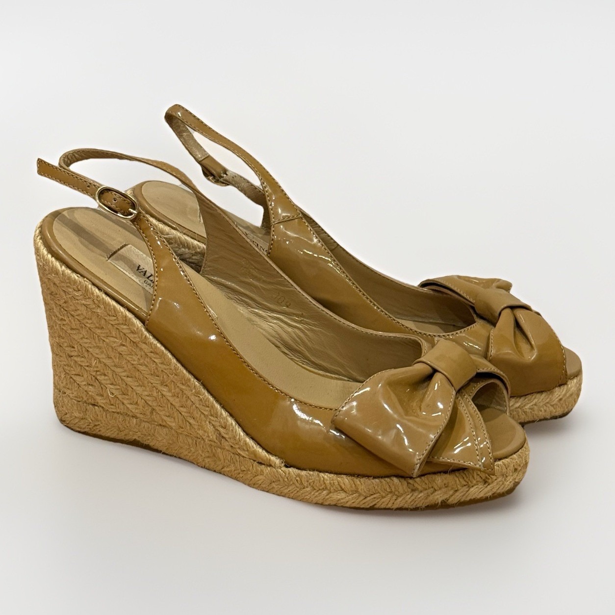 Valentino Garavani Patent Enamel Leather Ribbon Espadrille Sandals Wedge 37 6.5